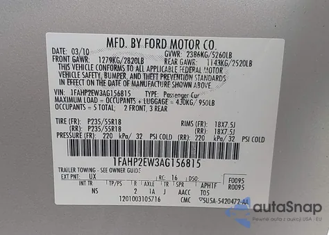 2010 Ford Taurus Sel z USA, uszkodzony, nr VIN 1FAHP2EW3AG156815